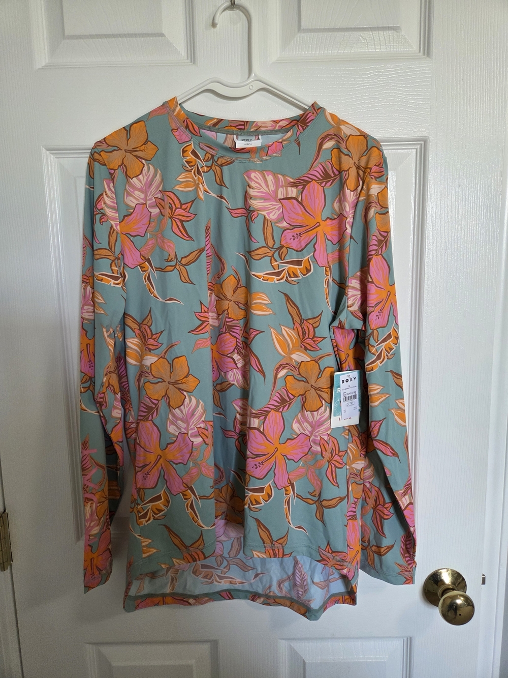 Roxy Floral Rash Guard Top - Teal, Pink & Orange